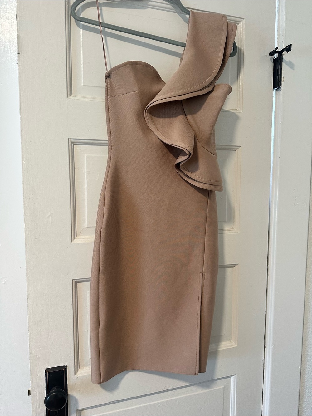 One-Shoulder Ruffle Bodycon Dress in Beige